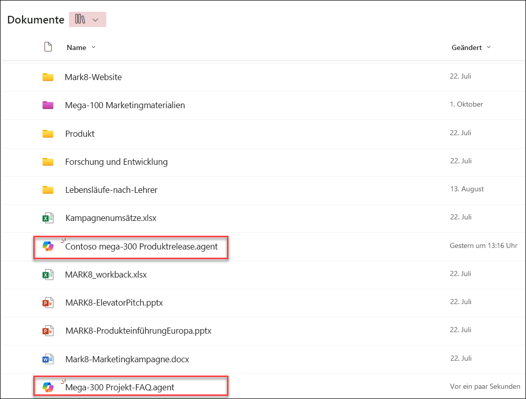Screenshot von Copilot-Agents, die im aktuellen Dokumentbibliotheksordner gespeichert sind