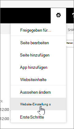 Option "Websiteeinstellungen" unter der Schaltfläche "Einstellungen"