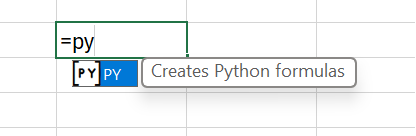 Geben Sie =PY in eine Zelle ein, um Python zu aktivieren.