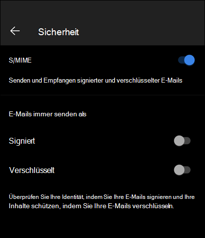 Der Sicherheitsbildschirm in Outlook Mobile mit aktiviertem S/MIME und den verfügbaren Optionen "Signiert" und "Verschlüsselt".