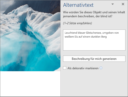 Neues Dialogfeld „Alternativtext“ mit automatisch generiertem Alternativtext in Word