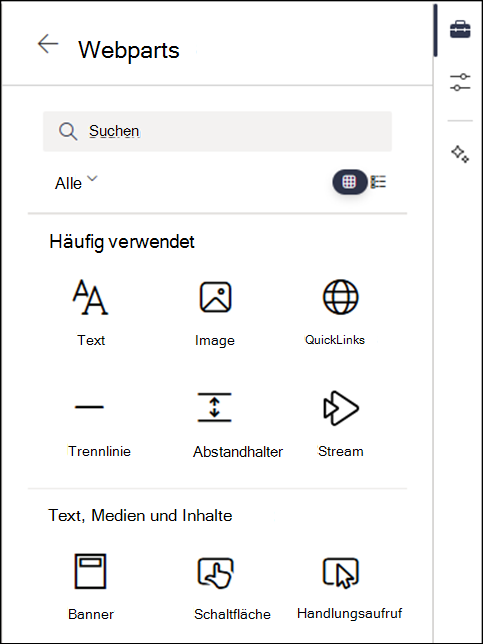 Webparts, die in der Ebene 2 der Toolbox aufgeführt sind