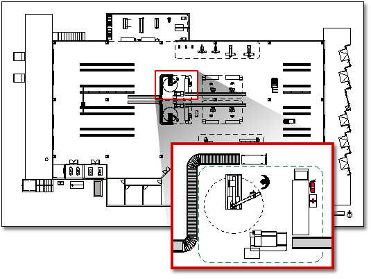 "Plant layout showing machinery, storage, and loading dock"