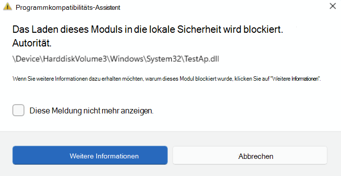 Warnung wird gestartet, wenn der LSA-Schutz das Laden einer Datei blockiert.