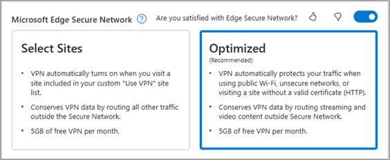 Aktivieren Sie die sicheres Microsoft Edge-Netzwerk in den Edgeeinstellungen.