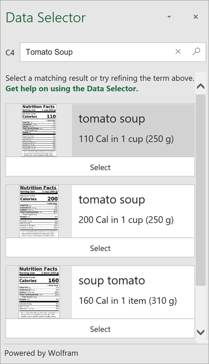 Screenshot des Datenselektors, der mehrere Ergebnisse für "Tomatensuppe" anzeigt.