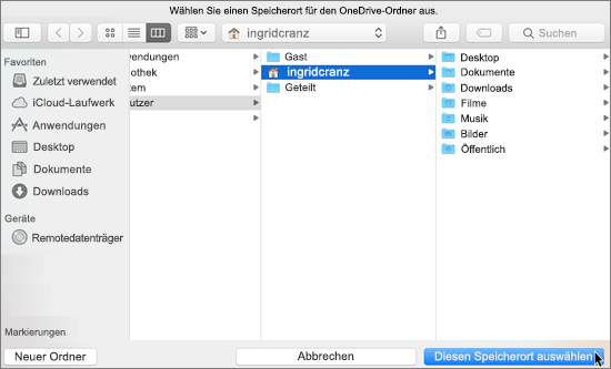 Screenshot: Auswählen eines Ordnerspeicherorts im Assistenten "Willkommen bei OneDrive" auf einem Mac