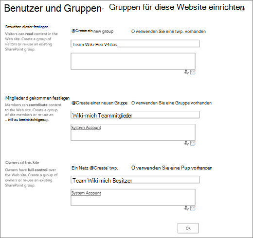 Dialogfeld "Gruppen für diese Website einrichten"