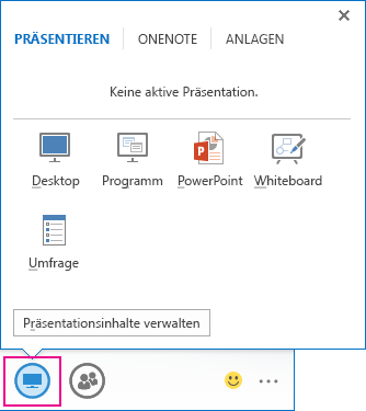 Screenshot der Registerkarte 'Präsentation' mit Darstellung der Präsentationsmodi 'Desktop', 'Programm, 'PowerPoint', 'Whiteboard' und 'Umfrage'