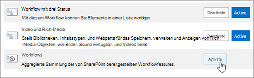 Website Sammlungs Feature zum Aktivieren von Workflows