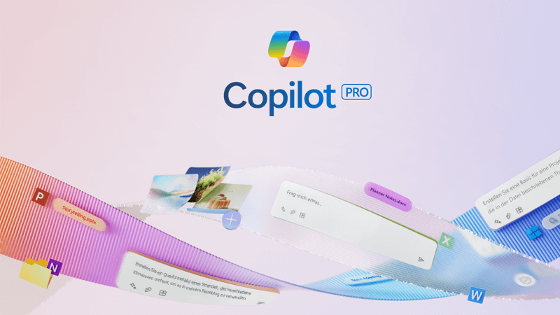 Copilot-Logo umgeben von farbigen Bändern