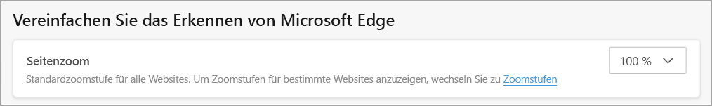 Microsoft Edge-Menüeinstellung, um den Seitenzoom anzupassen.