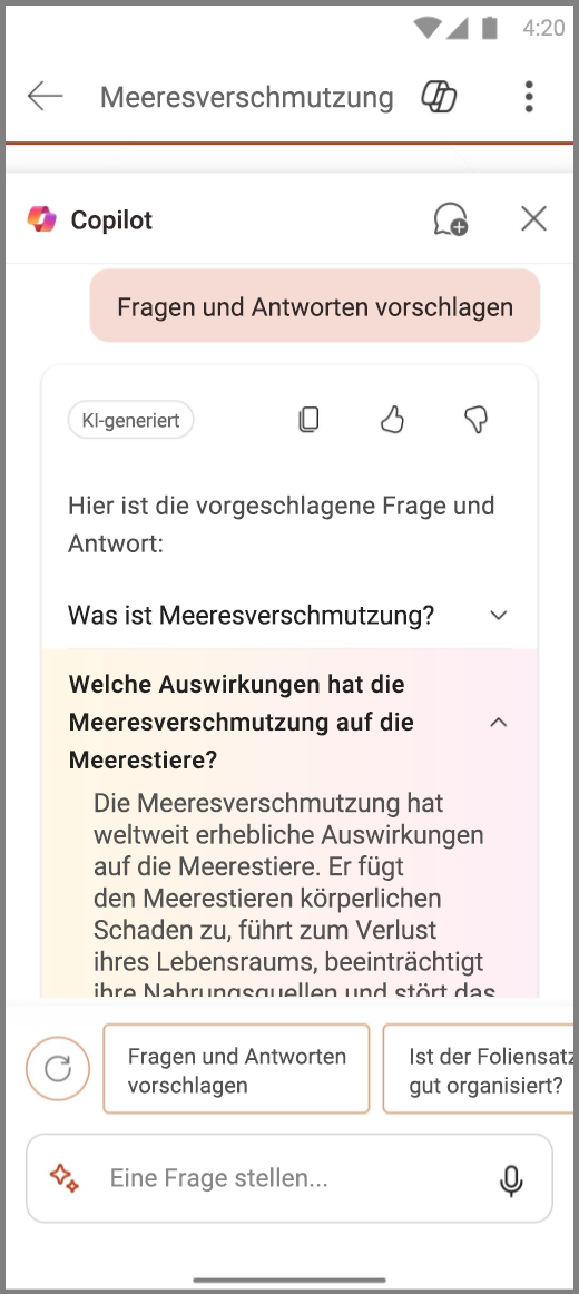 Screenshot von Copilot in PowerPoint auf Android mit den Ergebnissen der Eingabeaufforderung „Einige Fragen und Antworten vorschlagen“.