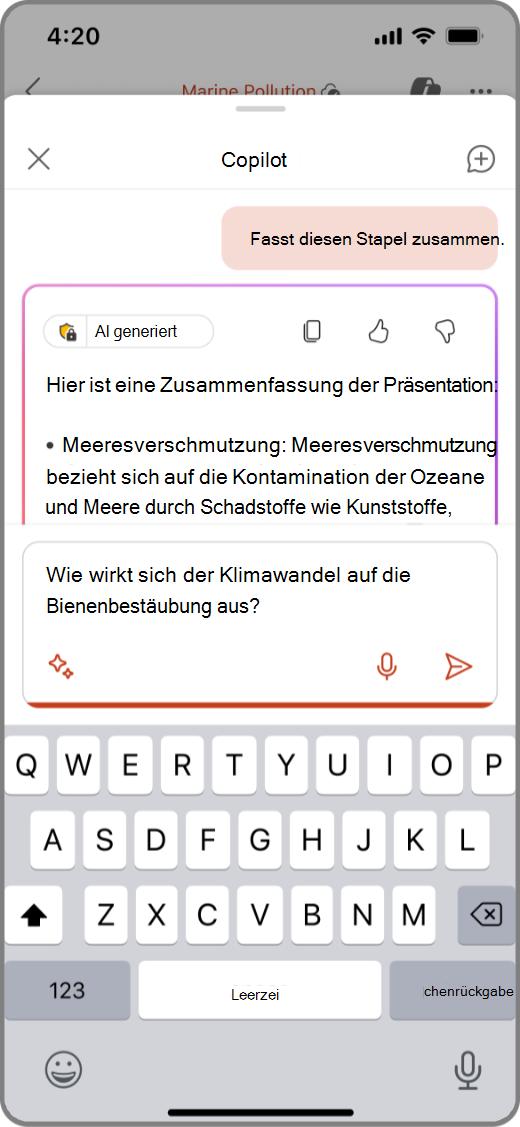 Screenshot von Copilot in PowerPoint auf einem iOS-Gerät mit einer Eingabeaufforderung im Feld „Verfassen“