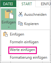 Befehl "Einfügen" mit Anzeige von "Werte einfügen" in Excel Web App