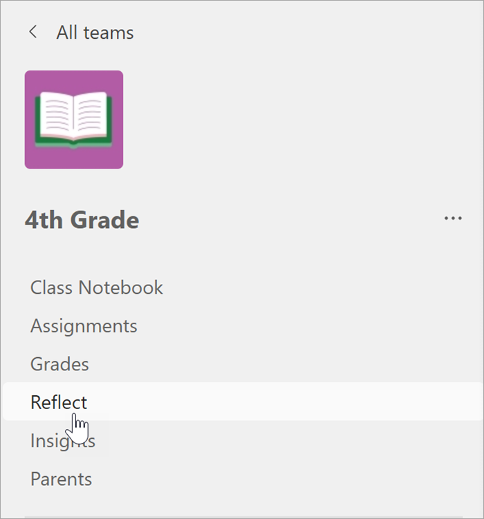 cursor hovering over the reflect tab, located with assignments, grades, and insights in a class team
