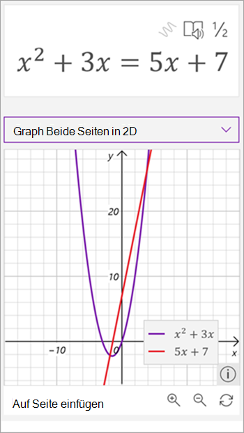 Screenshot des generierten Graphen des Mathematik-Assistenten für die Formel x quadratisch plus 3 x entspricht 5 x plus sieben. Eine Linie wird rot und eine Parabel in Violett angezeigt.