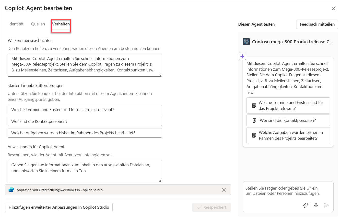 Screenshot der Bearbeitung des Verhaltens des Copilot-Agents