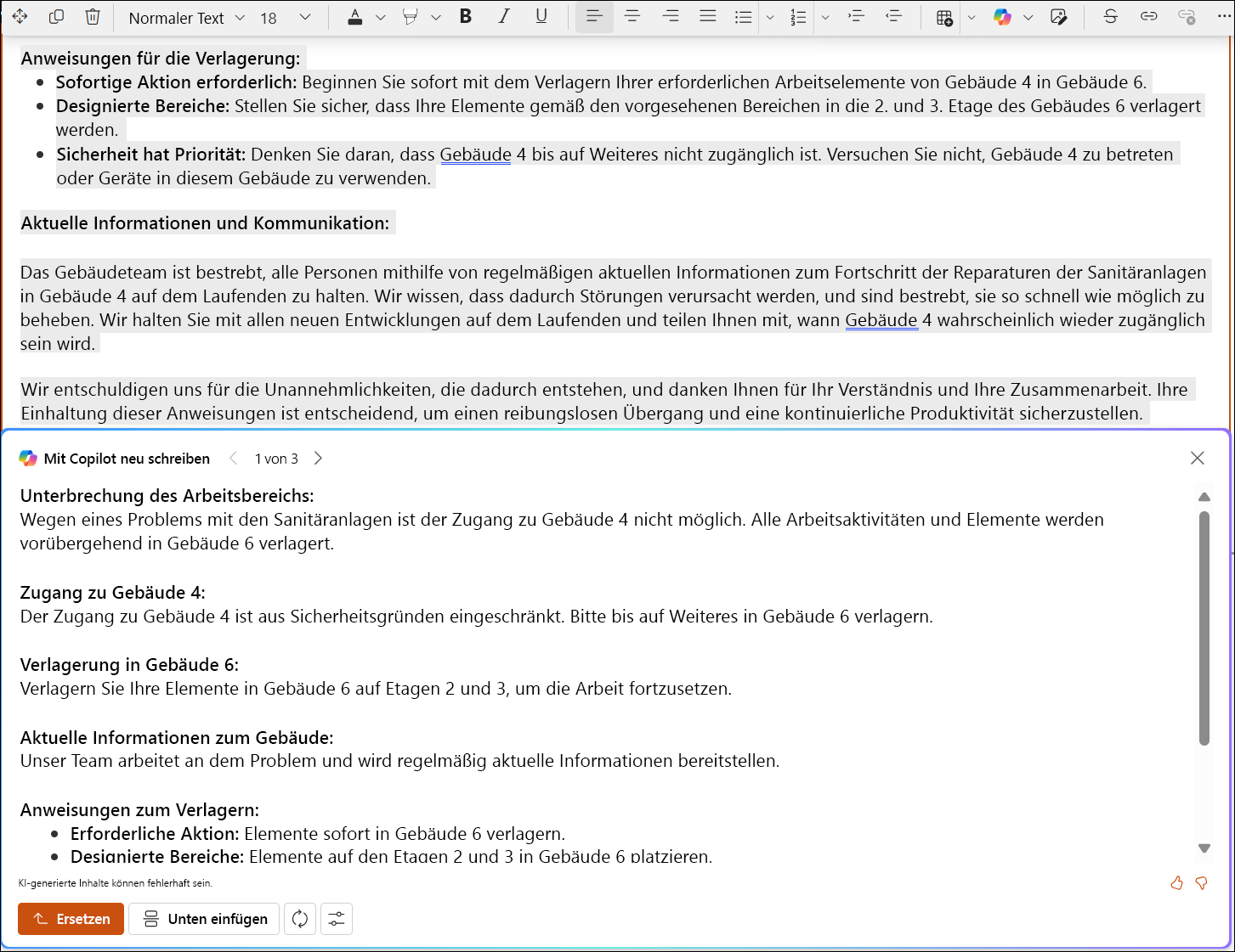 Screenshot eines sharepoint-Vorschlags für Bearbeitungen für einen langen Text.