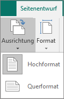 Registerkarte "Seitenentwurf" mit ausgewählter Ausrichtung und den Optionen "Hochformat" oder "Querformat".