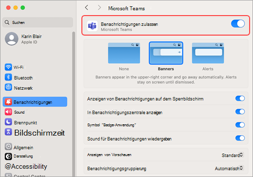 Mac-Systemeinstellungen lassen Microsoft Teams-Benachrichtigungen zu