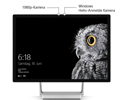 Ein Bild des Surface Studio-Displays, auf dem die Position der beiden Kameras ungefähr in der Mitte oben angegeben ist