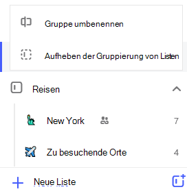 Screenshot der Gruppe "Reiseliste" und Menü "Bearbeiten" mit Option zum Umbenennen von Listen für Gruppen und Aufheben der Gruppierung