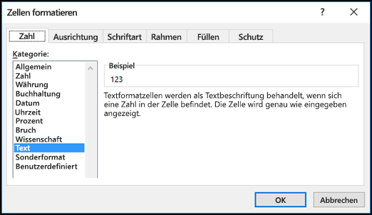 Dialogfeld "Zellen formatieren", Registerkarte "Zahl", Option "Text" ausgewählt
