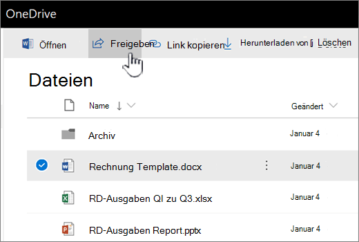 OneDrive mit ausgewählter Datei und Schaltfläche "freigeben" wird gedrückt