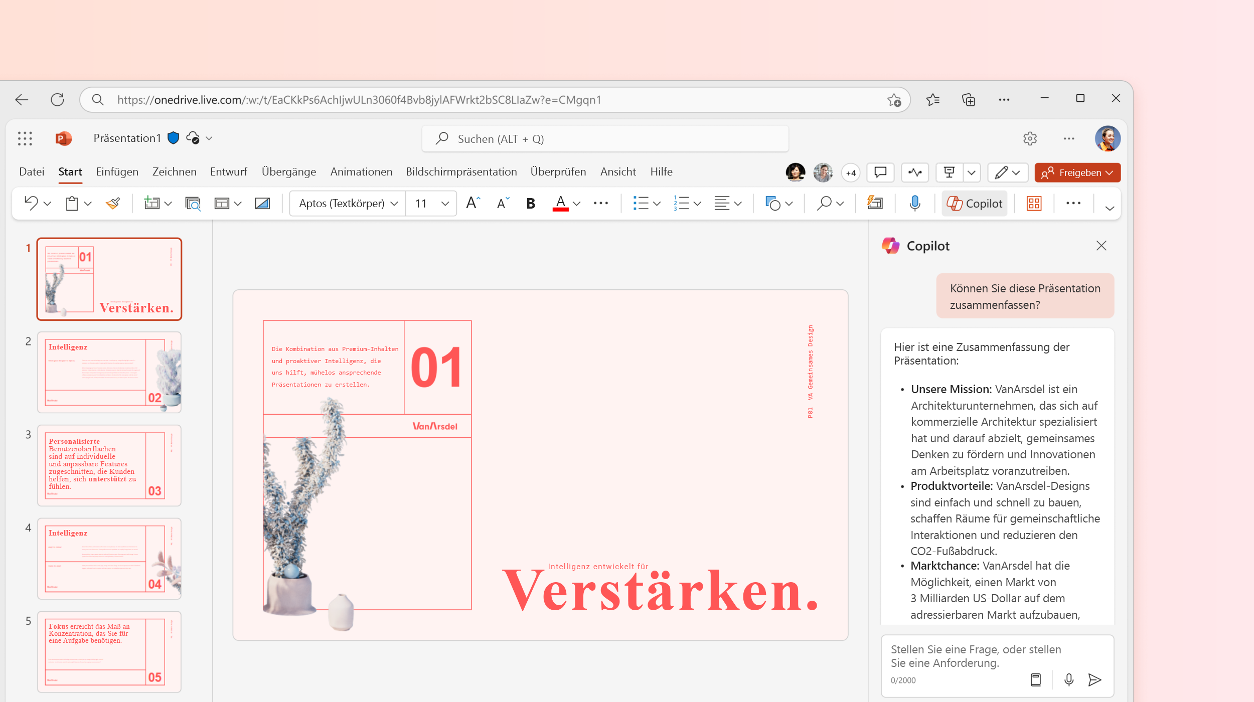 Der Screenshot zeigt Copilot in PowerPoint, der die Präsentation zusammenfasst.