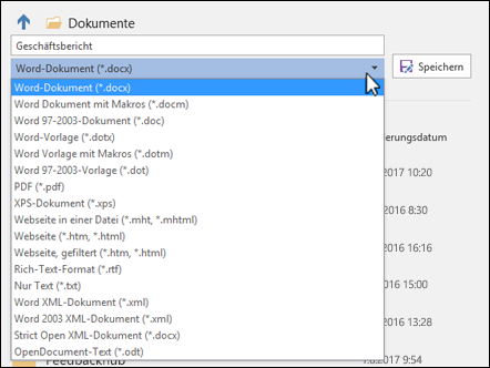 Klicken Sie auf die Dropdownliste "Dateityp", um ein anderes Dateiformat für das Dokument auszuwählen.