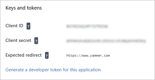 Yammer app page showing link to get token