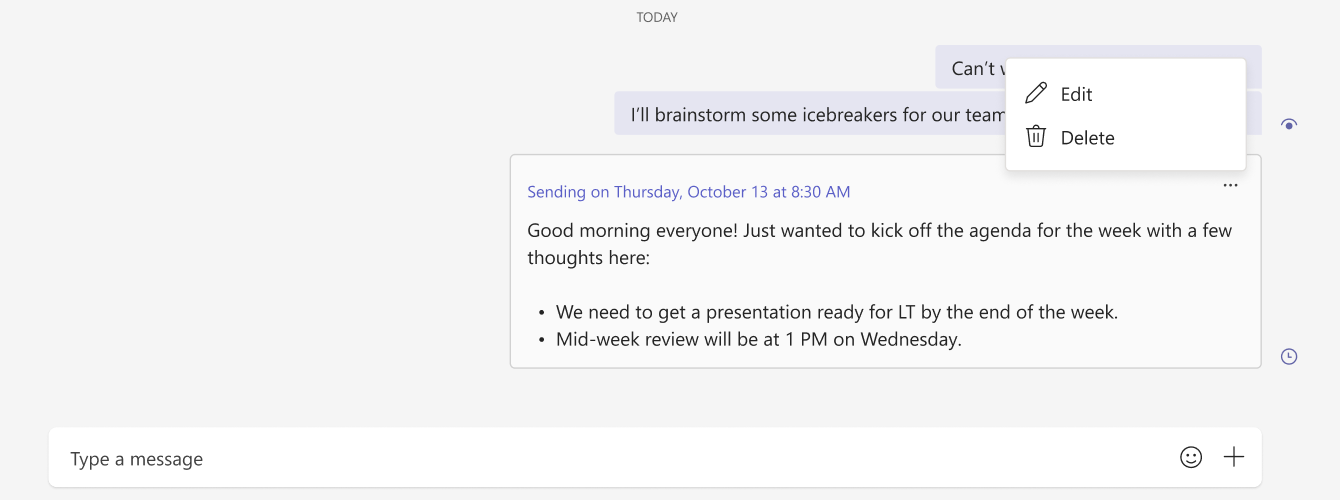 Screenshot der Bearbeitungs- und Löschoptionen für eine geplante Nachricht im Teams-Chat.