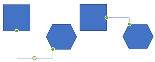 Zwei verbundene Shapes vor und nach dem erneuten Routing von Verbindungspunkten