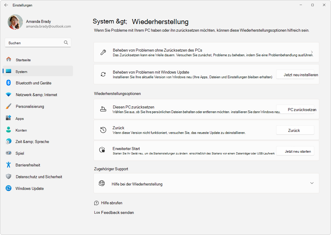 Screenshot: Einstellungen – System – Wiederherstellung.