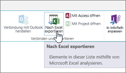 Auf dem SharePoint-Menüband hervorgehobene Schaltfläche "In Excel exportieren"