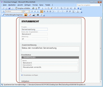 Beispielformular für einen Statusbericht in Office InfoPath 2007