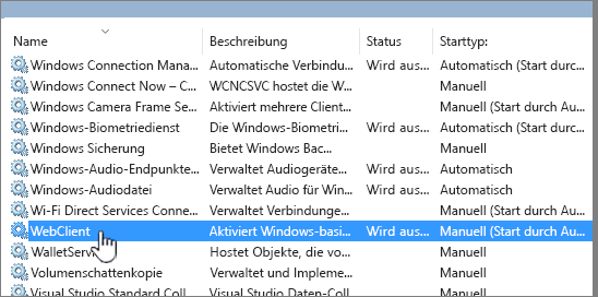 "Services.msc" mit hervorgehobenem Eintrag "WebClient"