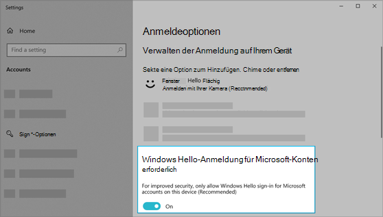 Die Option "Windows Hello-Anmeldung bei Microsoft-Konten erforderlich" ist in den Windows-Einstellungen aktiviert