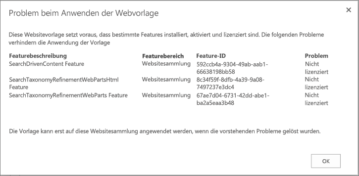 Screenshot einer Fehlermeldung: Es wird der Fehler angezeigt, den Sie möglicherweise erhalten, wenn nicht verfügbare Features die Websiteerstellung in SharePoint verhindern.