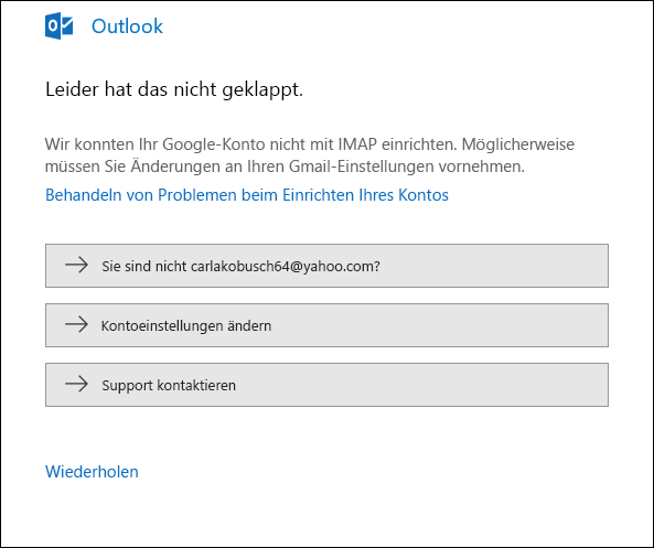 Beim Hinzufügen eines E-Mail-Kontos zu Outlook ist ein Fehler aufgetreten.