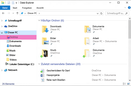 Ein Windows-Datei-Explorer-Fenster mit hervorgehobenem "Desktop" im linken Bereich