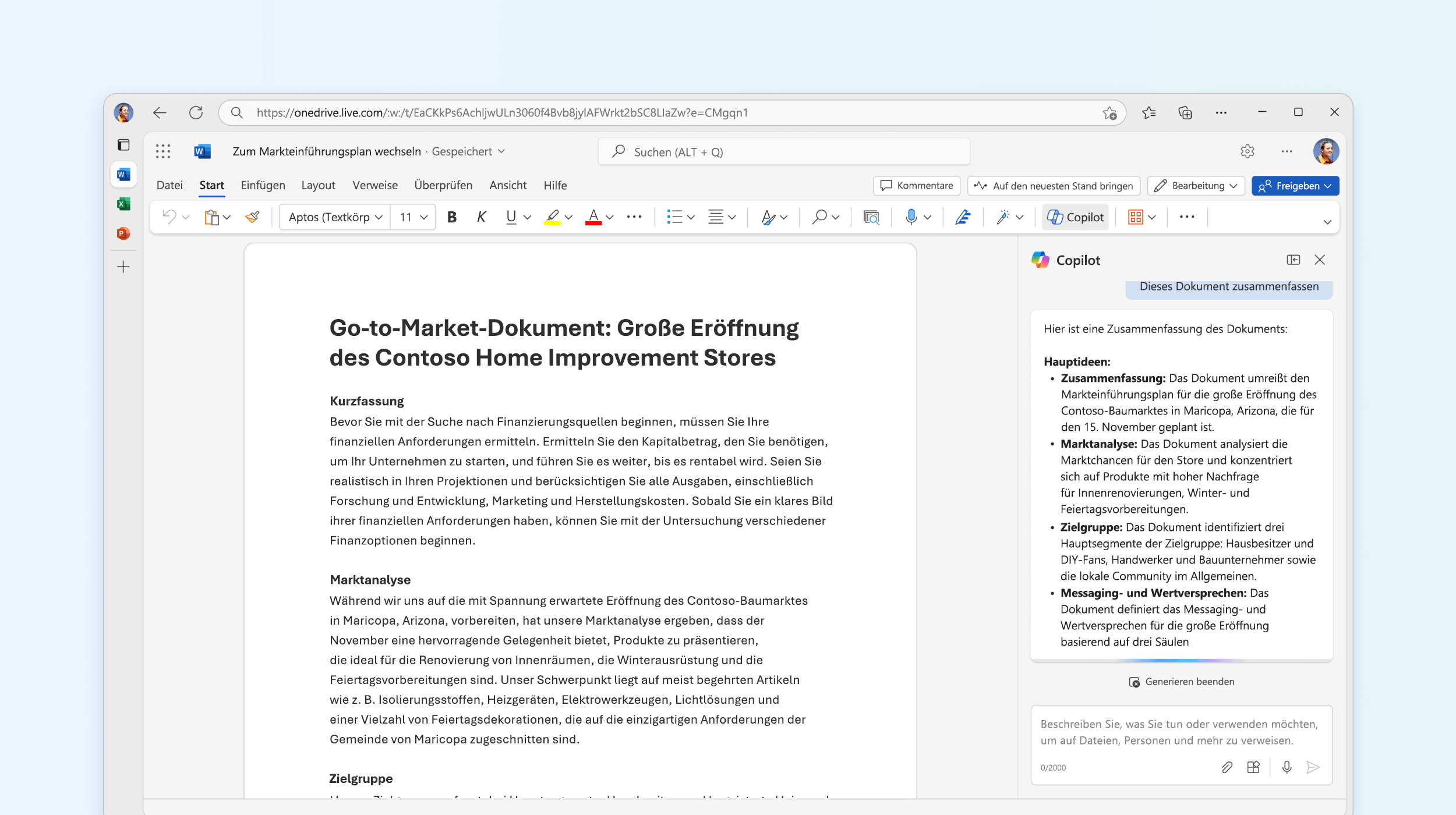 Der Screenshot zeigt die Zusammenfassung des Dokuments durch Copilot in Word.