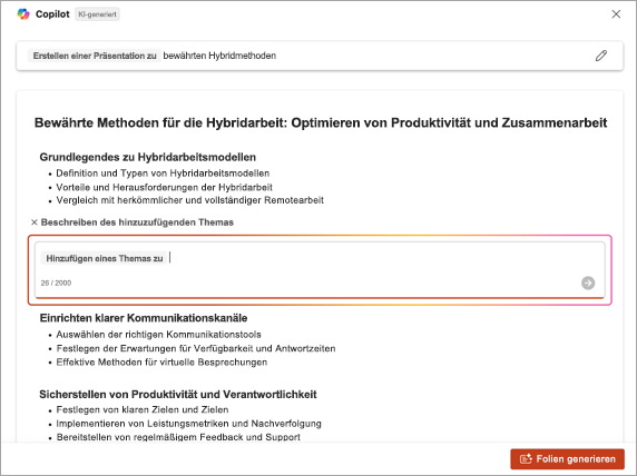 Screenshot: Ort zum Eingeben der Beschreibung für das Thema, das bei Verwendung von PowerPoint Copilot hinzugefügt wurde.