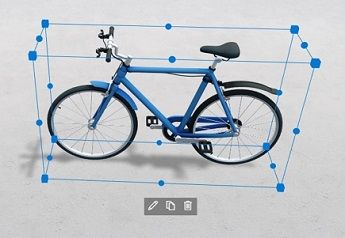 3D-Modell-Webpart mit einem Fahrrad mit Symbolen zum Bearbeiten, Duplizieren und Löschen