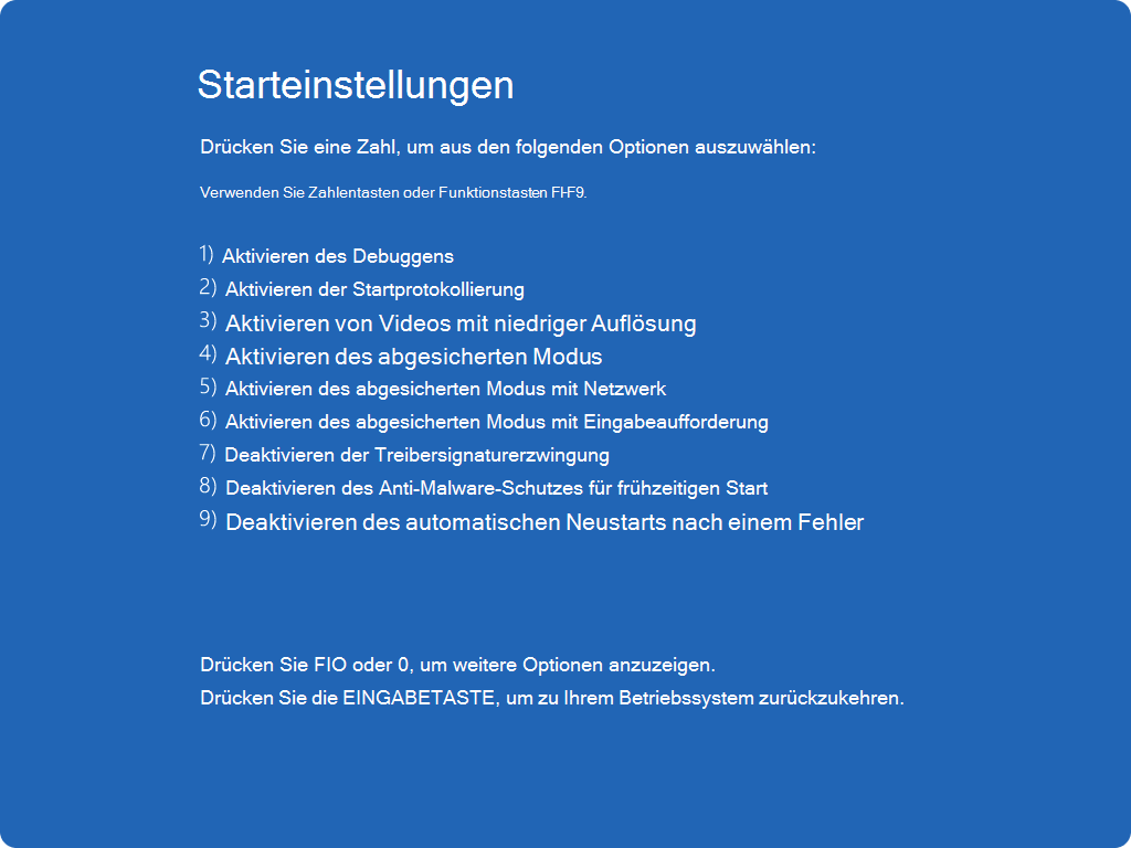 Screenshot der Liste mit den Starteinstellungen.