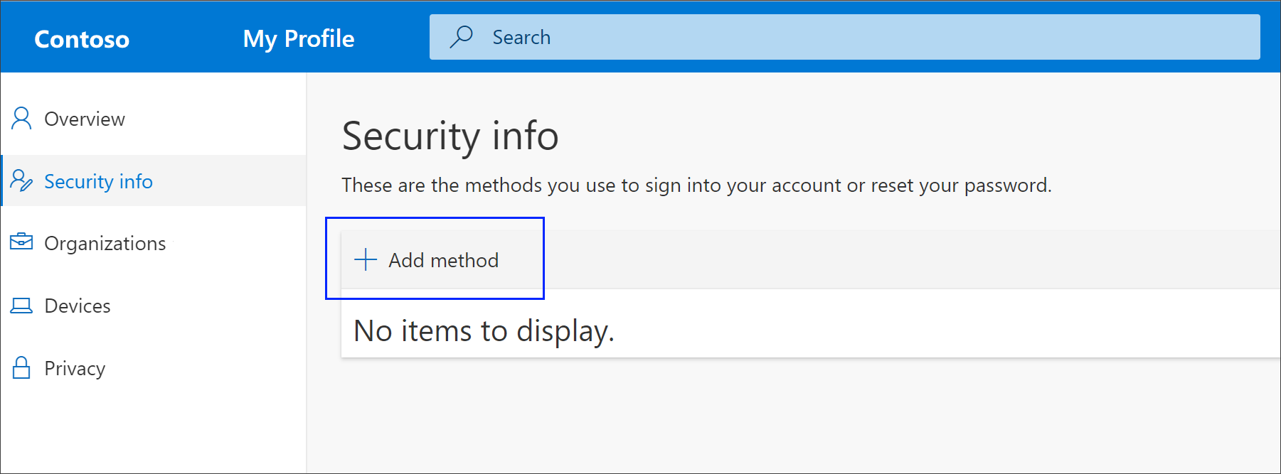 Seite "Sicherheitsinformationen" mit hervorgehobener Option "Methode hinzufügen"