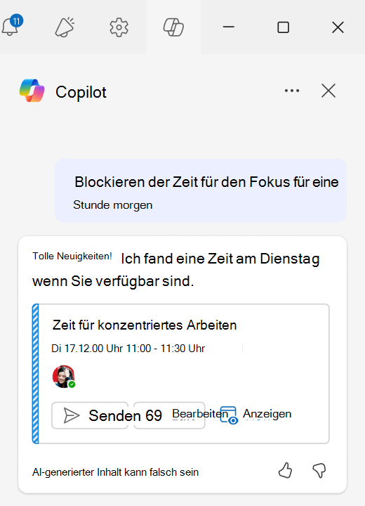 Screenshot: Verwenden von Fokusblöcken mit chatunterstützter Planung in Outlook