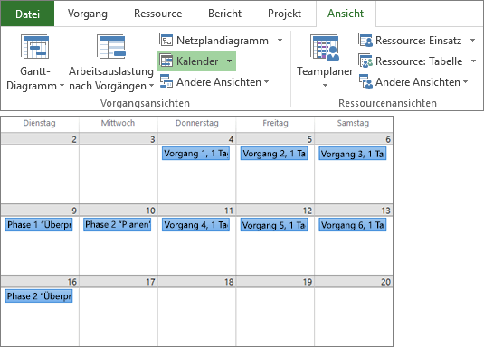 Zusammengesetzter Screenshot aus den Gruppen "Vorgangsansichten" und "Ressourcenansichten" auf der Registerkarte "Ansicht" und einem Projektplan in der Kalenderansicht