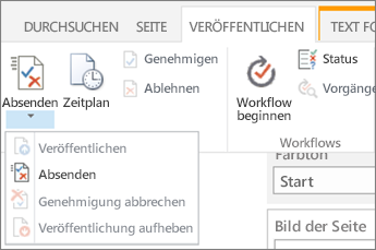 Schaltflächen "Einreichen", "Veröffentlichen" auf der Registerkarte "Veröffentlichen" im Bearbeitungsmodus.